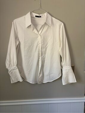 Classic White Pleated-Cuff Button-Down Blouse